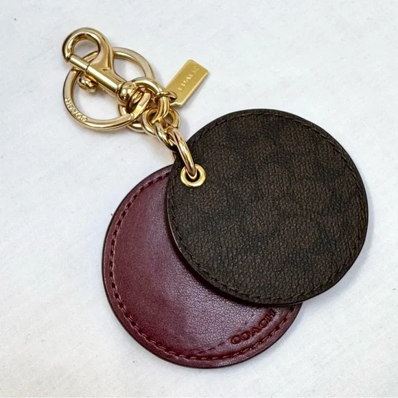 COACH Mirror Bag Charm Signature Canvas Key Ring Dogleash Clip Brown Maroon Gold - Picture 2 of 4